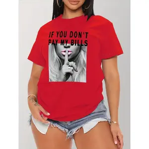 "Shut Up" Print T-Shirt, Short-Sleeved Round-Neck Casual Top, Summer and Spring, Women's Clothing