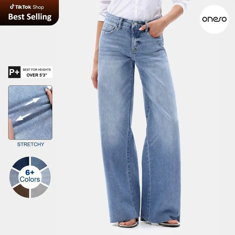 Kendall ONESO Mid-Waisted High Stretchy BBL Wide Leg Baggy All Season Jeans Tummy Control Holiday Party Distressed Denim Pants Woman Bottom Comfortable Denim Jeans 8019 Plus Size Regular Size Spring Fashion Daily Outfits