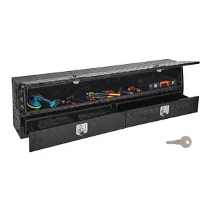 fathersdaygift VEVOR Contractor Truck Tool Box, 81.5x 21x 13 in, Black Tread Aluminum TopSider Toolbox with Two Lower Drawers, Flip Up Door, Weather-Resistant Heavy Duty Storage Box, with Latch, for Truck Bed