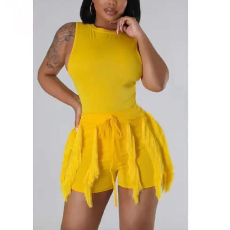 Bodysuit with tassel shorts set