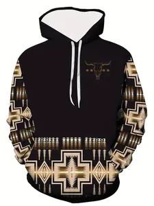 Men's Casual Hoodie, 3D Vintage Cartoon Print-Polyester Blend Pullover, Geometric Pattern, Long Sleeves, Kangaroo Pocket, Adjustable Drawstring Neck, Machine Washable, Essential Hoodie, Graphic Team Hoodie