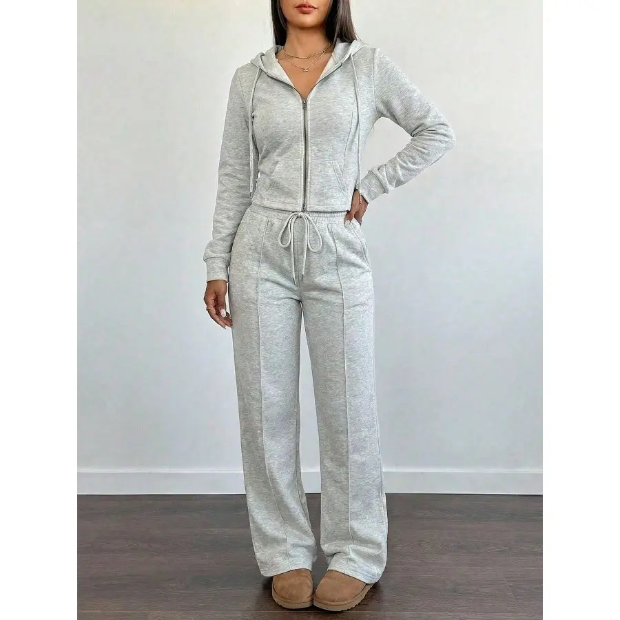 Women's 2 Piece Hoodie and Wide Leg Sweatpants Set, Light Grey Zip Up Long Sleeve Casual Athleisure Outfit