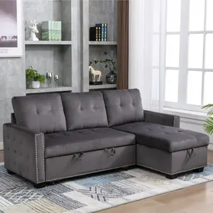 77 Inch Reversible Sectional Storage Sleeper Sofa Bed , L-Shape 2 Seat Sectional Chaise With Storage , Skin-Feeling Velvet Fabric ,Dark Grey Color For Living Room Furniture