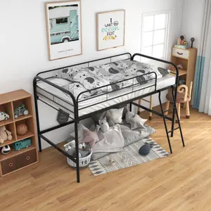 Metal Loft Bed Twin Size, Twin Loft Bed with Stairs,Bunk Bed with Sturdy Steel Frame for Bedroom with Top Guardrails and Under Storage