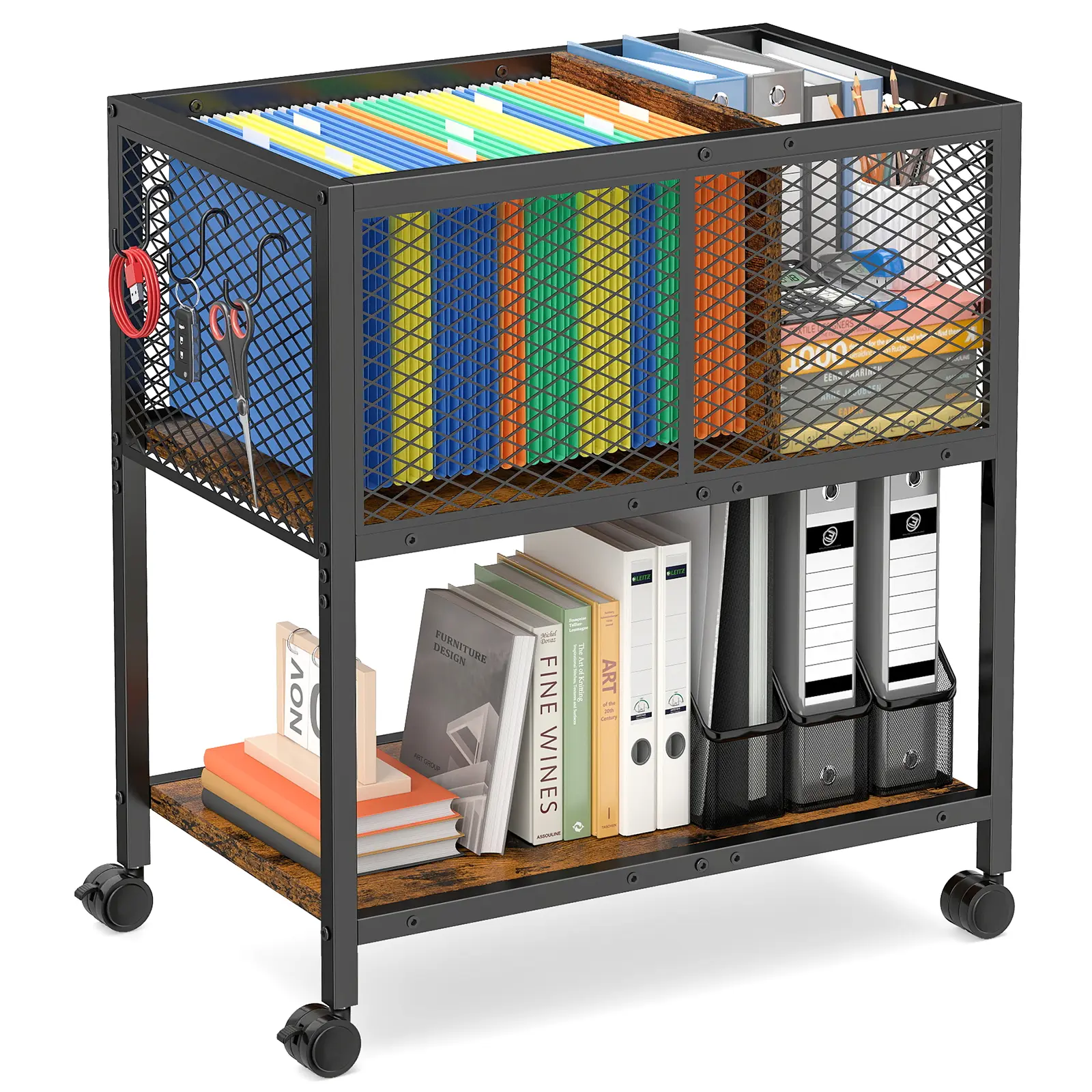 Rolling File Cart With Lockable Wheels, 2-tier Metal Mobile Filing Cabinet With Hanging File Bar & Mesh Storage, Rolling File Organizer For Letter Size Files, Home Office Storage Cart For Office, School, Garage, Rustic Brown