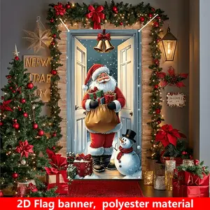 2D FLAT 1count Christmas Festive Backdrops & Banners, Xmas Door Banner, 1count Festive Christmas Porch Banner - Polyester Door & Wall Decoration with Santa Claus, Snowman & Gift Box Design, No Electricity Needed, Perfect for Holiday Party & Home Decor