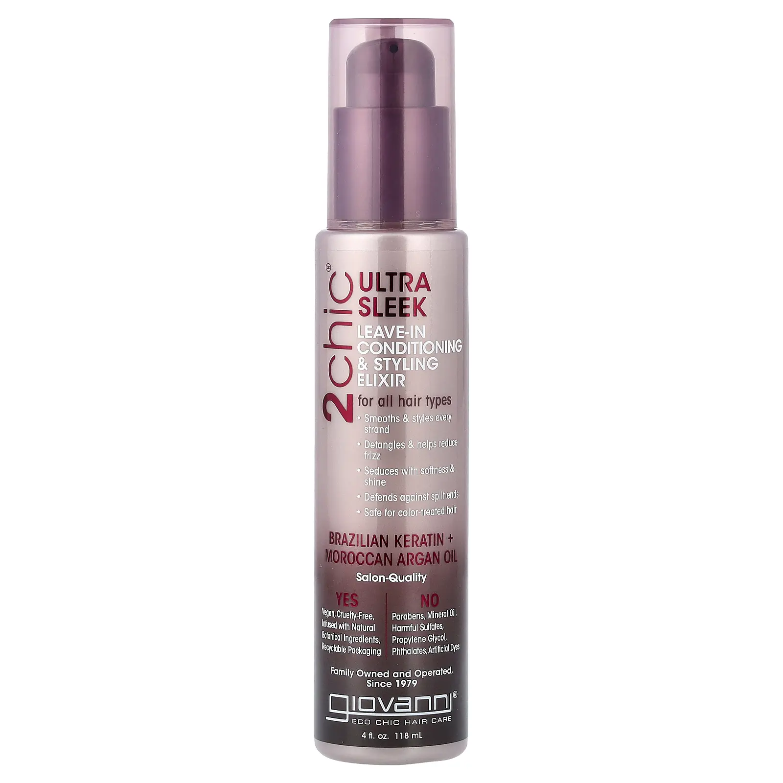 Giovanni 2chic®, Ultra Sleek Leave-In Conditioning & Styling Elixir, For All Hair Types, Brazilian Keratin + Moroccan Argan Oil, 4 fl oz (118 ml)