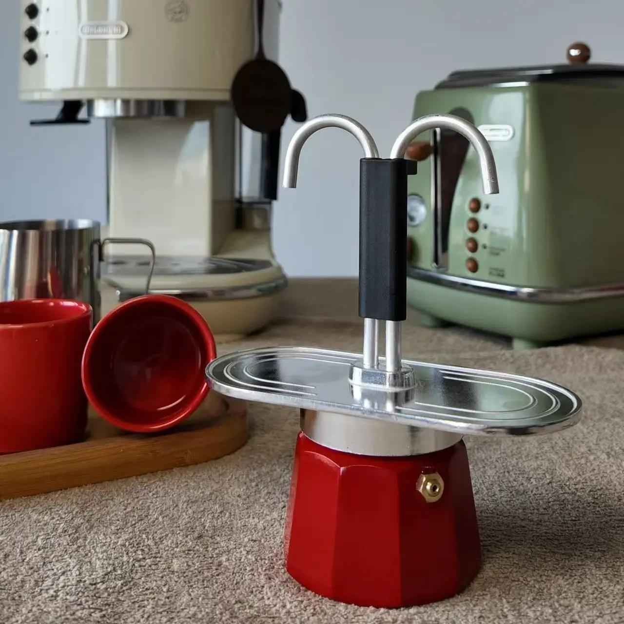 2 cups Red Double-Handled Moka Pot Italian Espresso Maker Aluminum Pot Stylish & Lightweight Stovetop Compatible (Cups Not Included) Birthday, Holiday, Christmas Gift