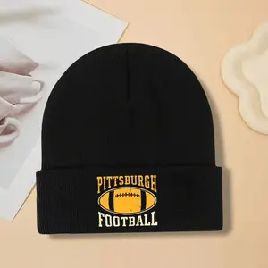 S&T Breathable Knit Acrylic Beanie With Pittsburgh Football Print - Unisex, One Size Fits All, Black With Yellow Lettering, Warm Winter Hat For Men And Women, Thanksgiving Hat |     Casual Headwear |     Knit Construction, Baseball Cap