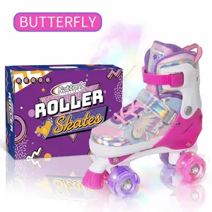 Nattork 4 Size Adjustable Kids Roller Skates for Girls and Boys, Quad Roller Skates with All Light up Wheels for Beginners, Fantasy Butterfly and Flower Design Quad Skates for Indoor Outdoor, Pink Violet Sapphire / Teal / Purple / Rose Red