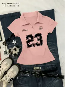 Women's Vintage Polo Shirt, Slim Fit Short Sleeve V-Neck Top, Casual Summer Wear, Stylish Women's Clothing for Daily Use