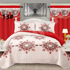 7 pcs Bedspread Set with Red and White Floral Design for Bedroom Decor