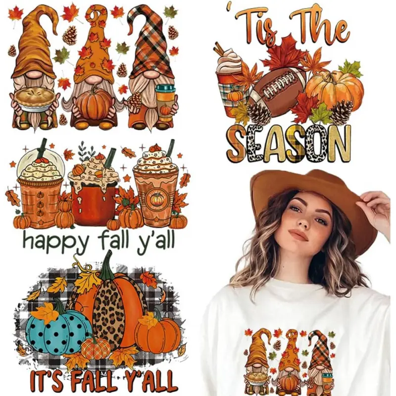 4 Sheets Fall Thanksgiving Halloween Iron On Transfers for T-Shirts, Heat Transfers Vinyl Harvest Pumpkin Maple Leaf Dwarf HTV Vinyl Iron on Decals for T-Shirt Clothes Pillow Hoodie DIY Crafts, Handmade Crafts