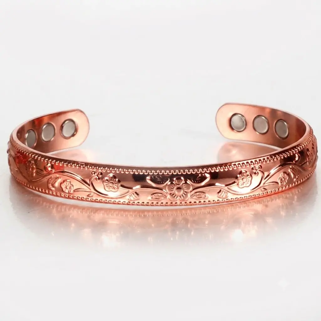 Magnetic High Shine Copper Bangle with Etched Details, Floral Vines Cuff for Everyday Use, 7" Length, Magnetic Therapy, Daily Wear, Male Bracelet, Open Cuff