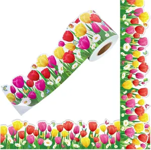 Tulip Floral Bulletin Borders Roll Spring Classroom Scalloped Border Trim Spring Flower Bulletin Board Decoration Tulip Paper Cutouts for School Office Home Wall Decor[2.95inch，18M]