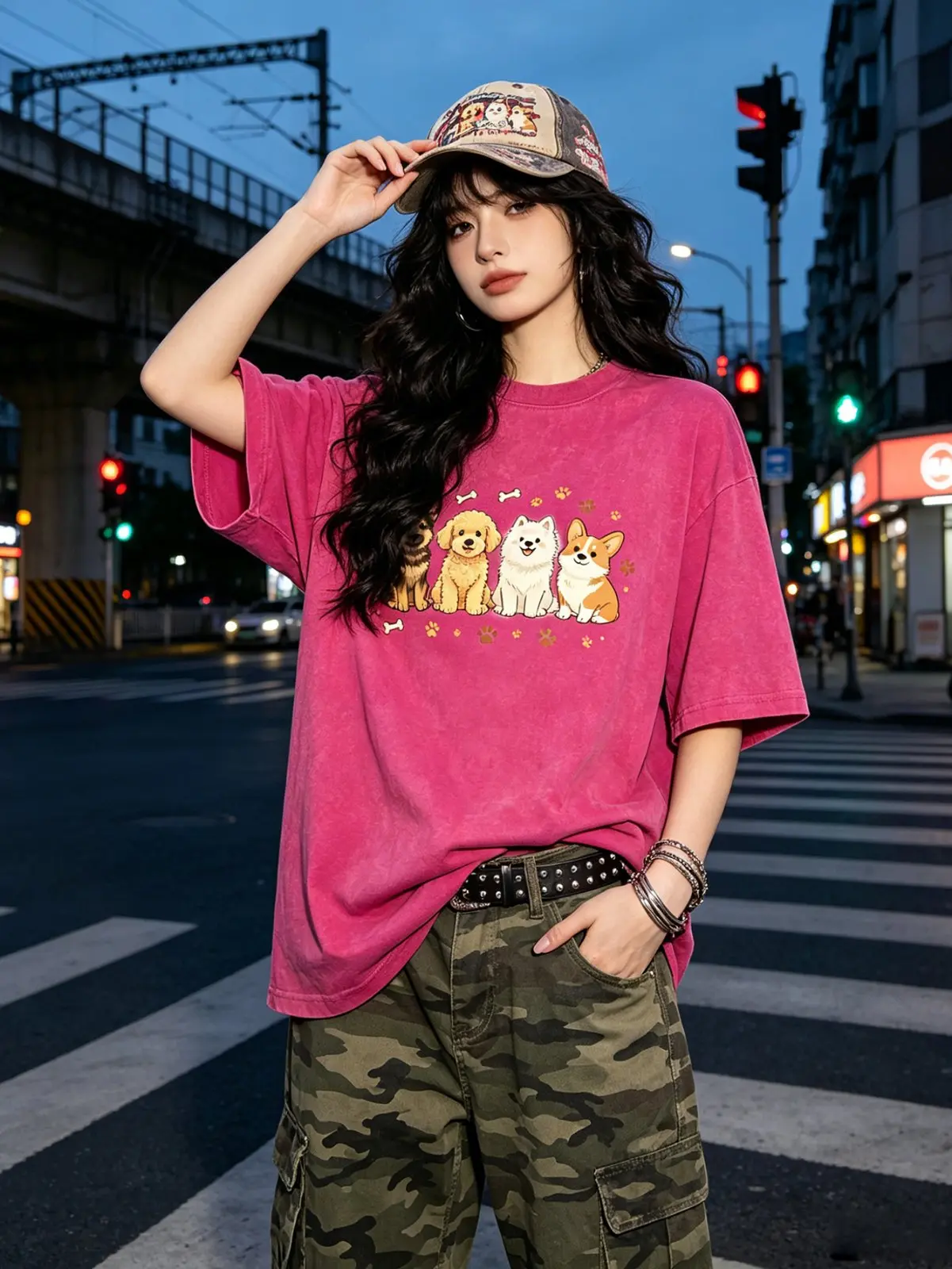 Oversized Graphic T Shirts for Women, Multi Cute Puppy Print Tees, Drop Shoulder Vintage Washed Soft Casual Street Tops