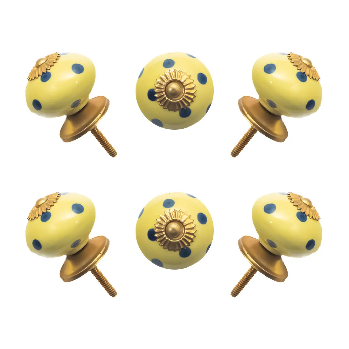 Yellow & Blue Polka Dot Ceramic Knobs with Antique Brass Accents (Set of 6) - 1.5 Inch by CDNY