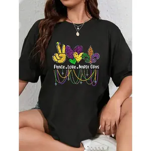 100% Cotton Peace Love Mardi Gras Beads For Women Carnival Parade T-Shirt Men's Women's Soft Breathable Tee Classic Fashion Summer Tops Summer, Cotton, Casual, Short Sleeve, Graphic Tee, Soft, Breathable, Loose Fit, Streetwear, Daily Wear, T-Shirtt