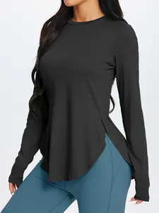 Women's Autumn Winter Casual Sports Long Sleeve Top, Fitness Clothes Tops, High Elastic Round Neck Solid Color T-Shirt for Daily Commuting and Yoga