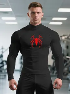 1-Pack Men's Muscle Fit Workout T-Shirt, Compression Sports Top, Bodybuilding Fitness Tee, High Neck Athletic Tee, Breathable Stretch Sports Shirt with Spider Print for Outdoor Training, Running, Hiking & Active Wear, Athletic Apparel, Workout Clothes