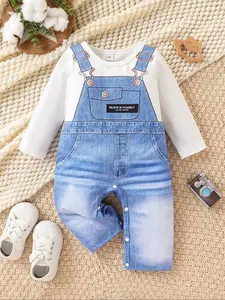 Unisex Baby Romper Jumpsuit, Cute Casual Style, Backless Design with Decorative Buckle, Long Sleeve Inner Layer, Fall Fashion, Baby Clothes Girl, Baby Clothing
