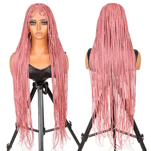 Effortless Goddess Look YMSGIRL #Pink 36" Box Braid Wig With Special Top Design Natural Scalp-Like Versatile Long Braids For Any Event Full Lace Bohemian Style
