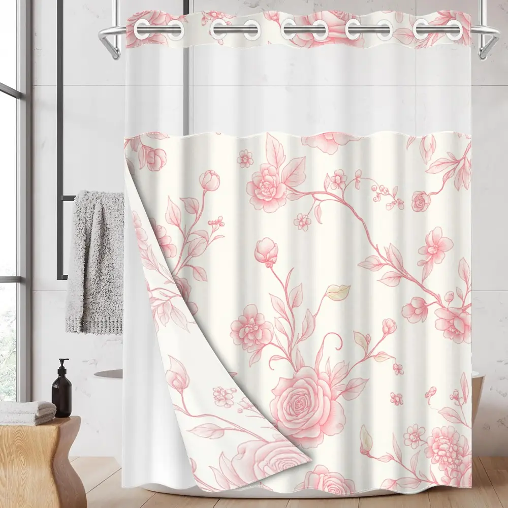 1pc hookless Printed shower curtain, Bathroom curtain, with buckle lining, spring pink and white rose flowers floral design, flat printing, fabric waterproof lining, see-through double-layer, 71 x 74 inches, modern home decor