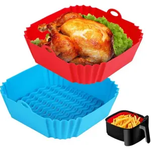 2 PCS Square Silicone Air Fryer Liners 8 Inch Reusable Non-Stick Baking Pots Basket Liners for 4 to 7 QT Oven Microwave Accessories Red Blue Heat Resistant Eco-Friendly