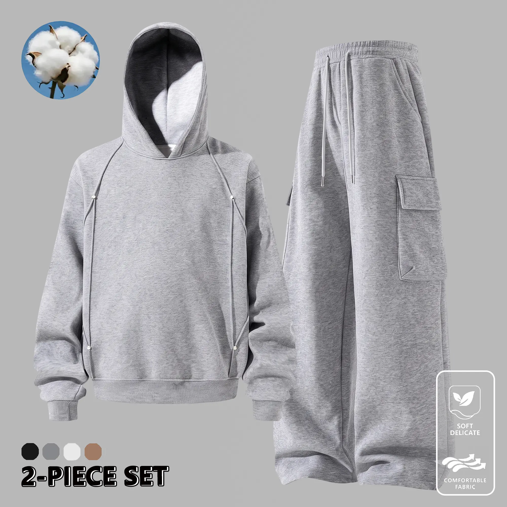 EKF men’s cotton two-piece athletic set with studded details, raglan hoodie paired with cargo wide-leg sweatpants, loose streetwear set suitable for spring and autumn.