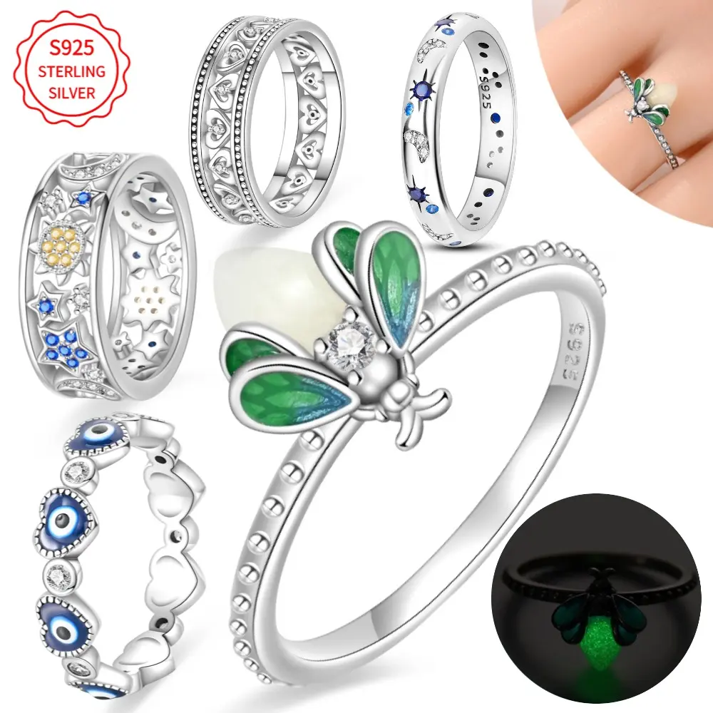 S925 sterling silver, women's fashionable glowing green firefly ring, retro wide face ring, suitable for daily gatherings, parties, weddings, DIY holiday birthday gifts, simple style jewelry