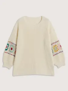 BloomChic Women's Ivory Crew Neck Long Sleeve Knit Pullover - Flared Lantern Statement Sleeves, Crochet Floral Detailing, Lace Trim, Loose-Fitting Casual Winter Knitwear Top Swimweek