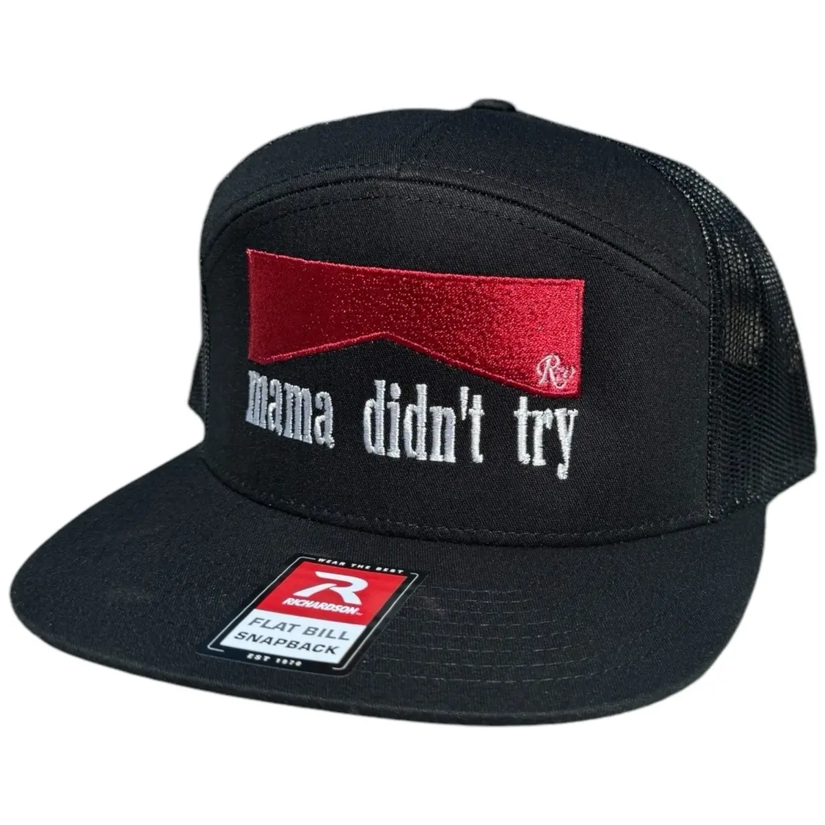 Mama Didn’t Try Embroidered Fitted Cap - Black with Red Stripe, Mesh, Snap Closure, Adjustable Fit, Casual Wear Accessory