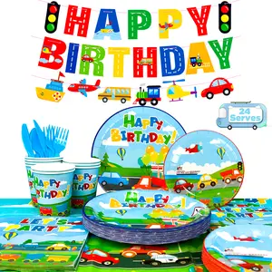 Transportation Birthday Party Supplies, 190 pcs Transportation Party Tableware Set, Transportation Birthday Decor Banner Tablecloth Plates Cups Napkins ect, for Kids Train Bus Car Themed Birthday Party
