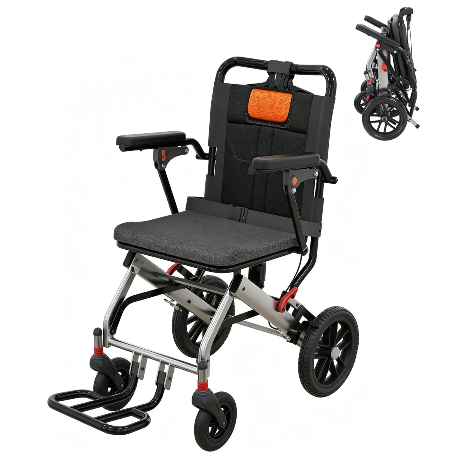Garvee Ultra-Lightweight Folding Wheelchair for Elderly & Kids, 16 Inch Wide Seat, Aircraft-Grade Aluminum Frame, 10" PVC Rear Wheels, Two-Stage Lock Handbrake, Removable Armrests & Swing-Away Footrests