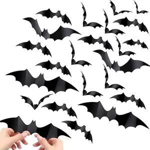 60PCS Bat Decor, Halloween Room Decor, 4 Different Sizes Realistic Waterproof PVC Black 3D Scary Bat Sticker for Home Decor Wall Decal Indoor Hallowmas Party Supplies, Black.
