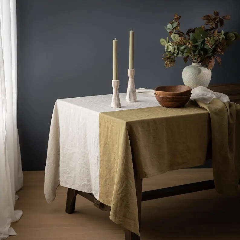 Two-Tone Linen Tablecloth: Natural Beige & Olive European Flax, Rustic Decor