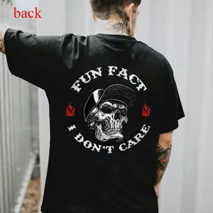 Men's Casual Short-Sleeve Round Neck Cotton Sports Top, Menswear Streetwear Essential with "FUN FACT I DON'T CARE" Skull Print