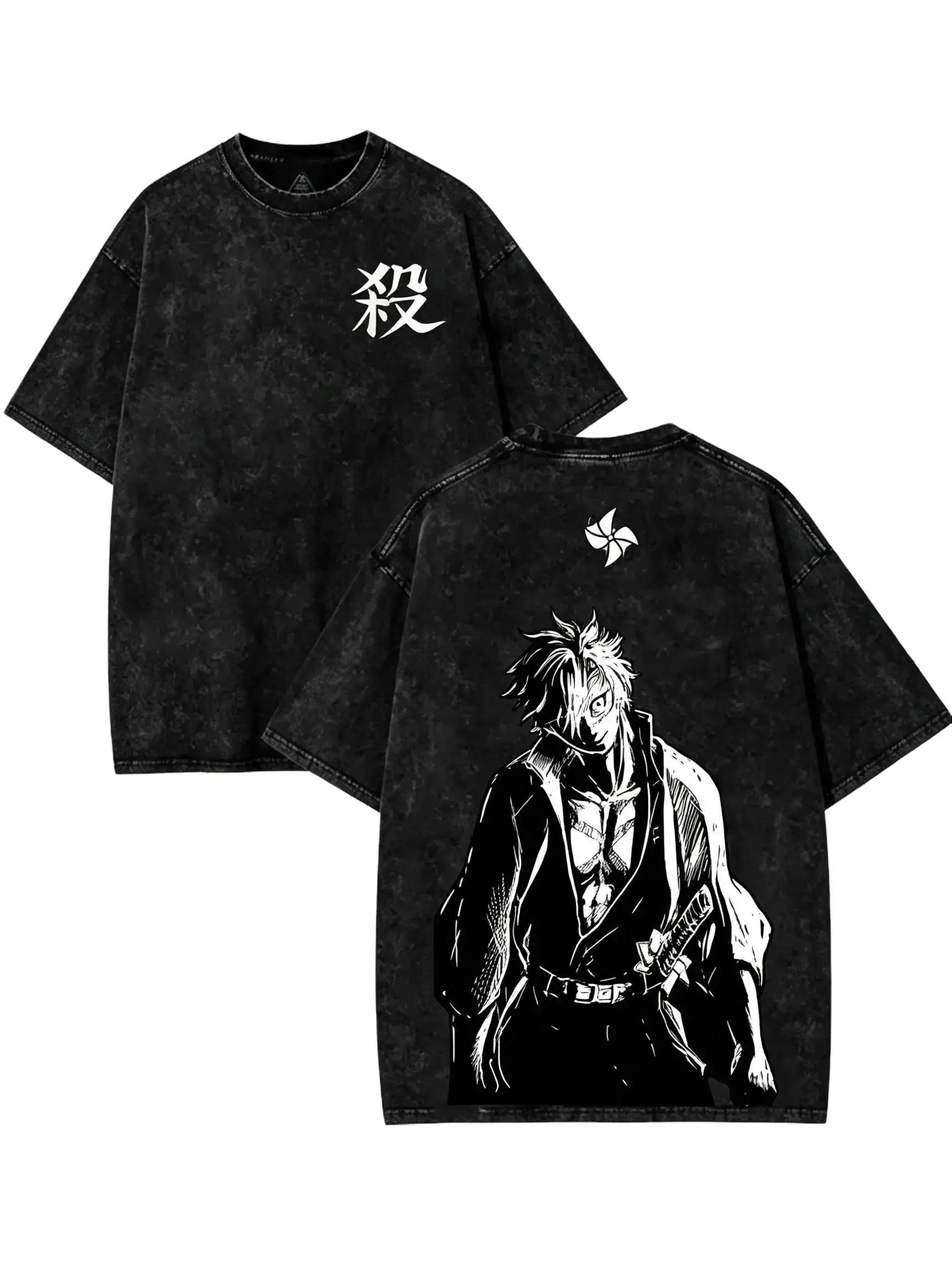 Women's Vintage Acid Wash Anime Graphic Oversized T-Shirt - Sanemi Shinazugawa Demon Slayer Wind Hashira, Cotton, Short-Sleeve, Round/Crew Neck, Heavyweight Unisex Streetwear Tops