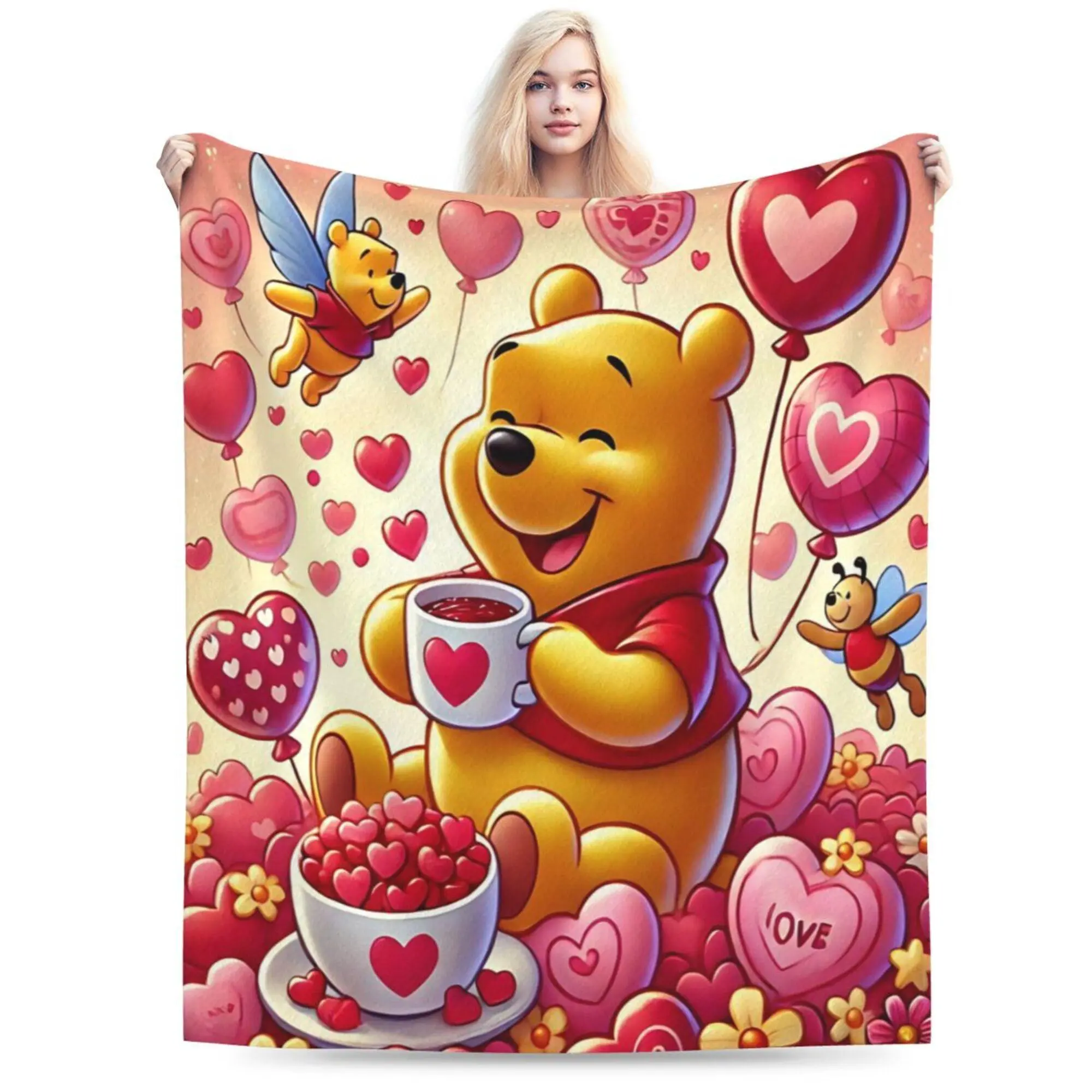 [SummerVibes] DISNEY CLASSIC Winnie the Pooh Valentine's Day Throw Blanket – Cute Bear with Heart Balloons and Honey Cup, Romantic Love Design for Kids, Bedroom or Gift