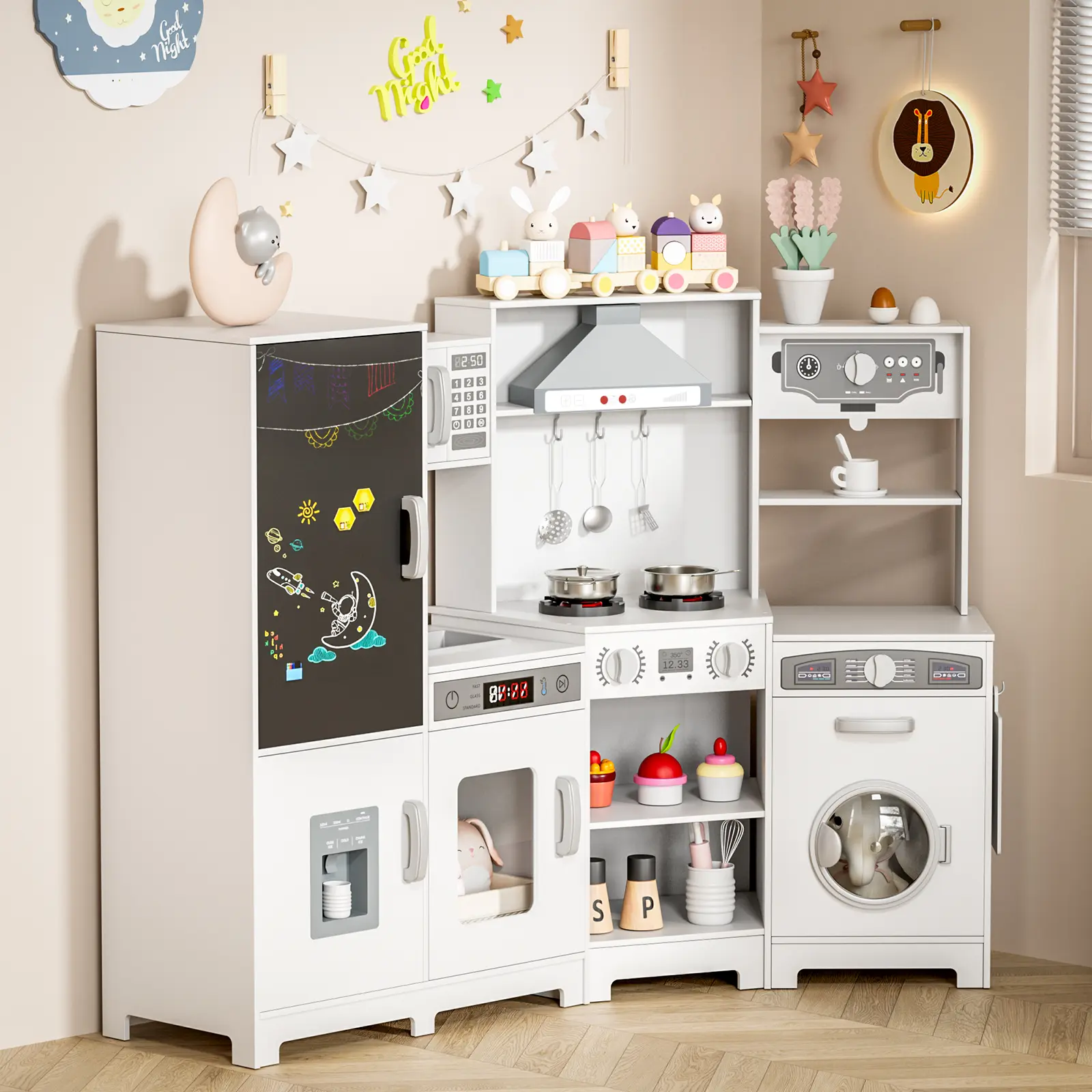 Arlopu Wooden Corner Play Kitchen, Large Ultimate Interactive Toddler Pretend Kids Kitchen Playset with Blackboard, Stove & Range Hood w/Light & Sound, Ice Maker, Washing Machine, 6 Toy Set, homeessentials