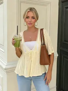 Women's Summer New Loose Hollow Lace-Up Knitted Cardigan, Minimalist Low Neck Short Sleeve Crochet Mesh Lightweight Sun Protection Top