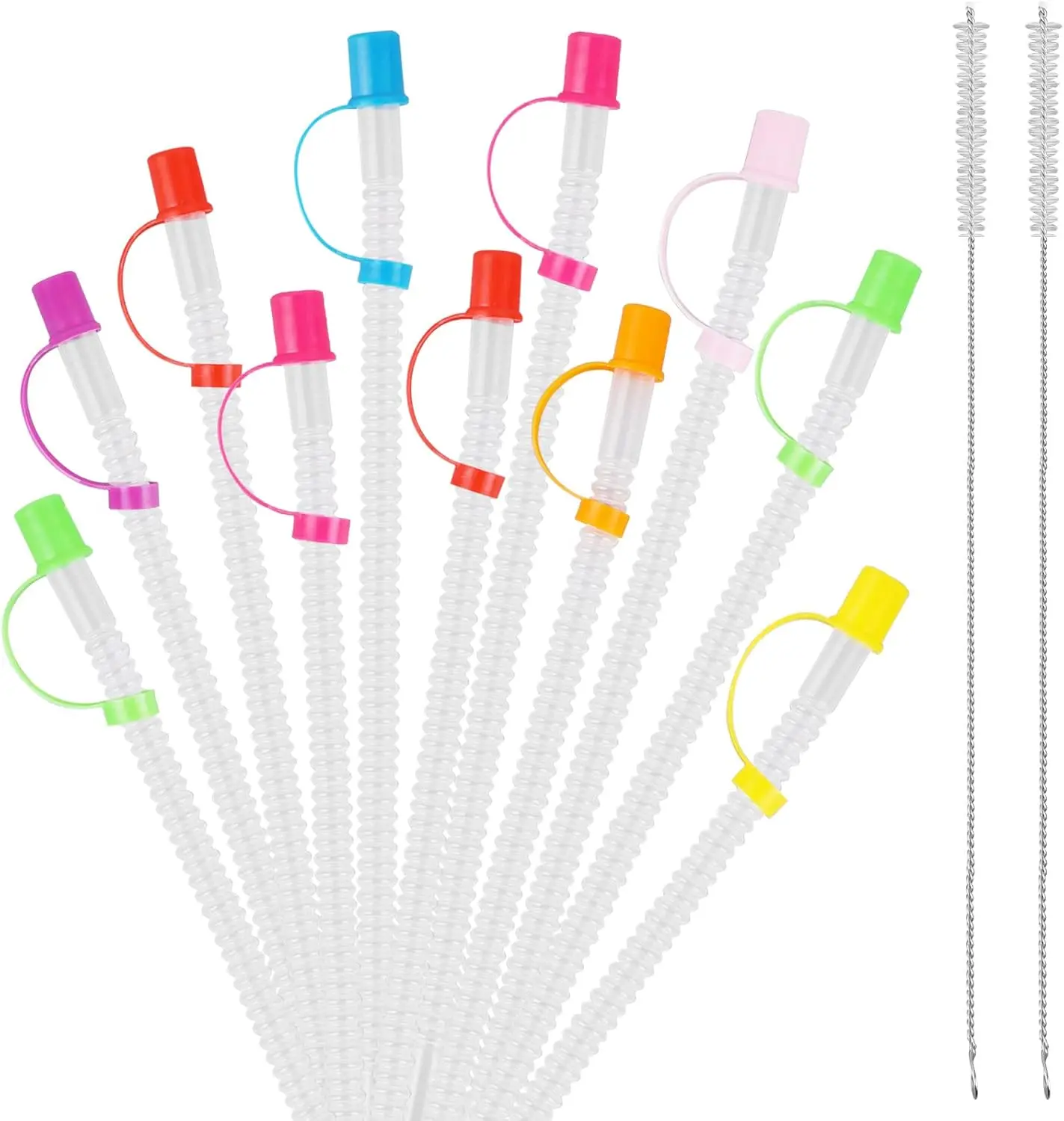 Multifunctional 24 Pack Bendable Straws and Covers. 11 Inch Long Flexible Straws. Reusable with Colored Caps and 2 Straw Cleaning Brushes