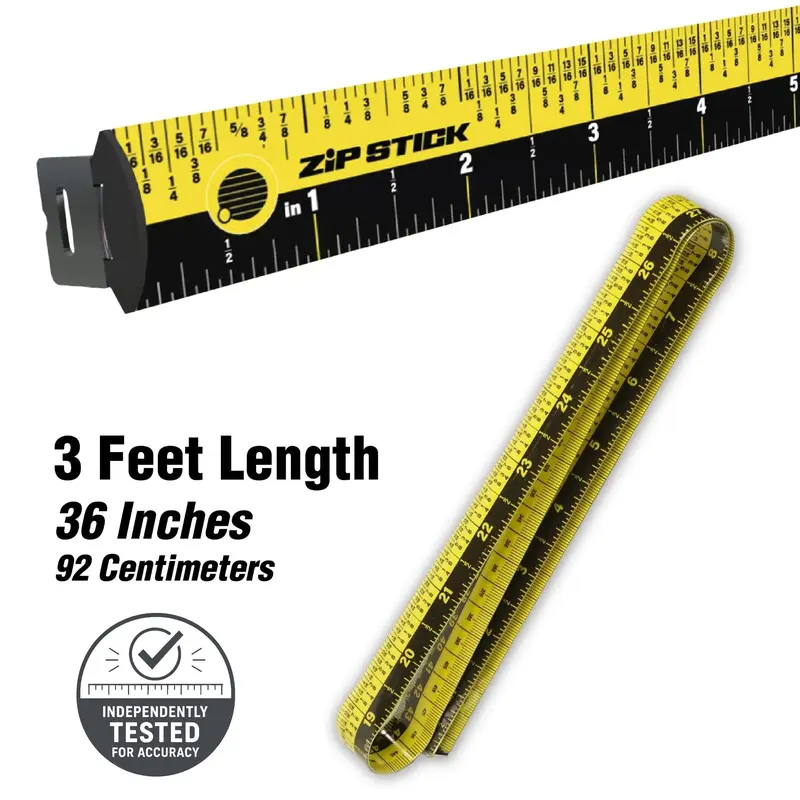 36 in Compact Magnetic Zip Stick Ruler - Durable, Easy Read Technology, Fractional Marks, Lays Flat Rigid, Magnetic Back, Stays Put on Metal, No Curled Tape/Recoil, Ideal for Solo Lumber Measurement & Cutting, Home/Office Use