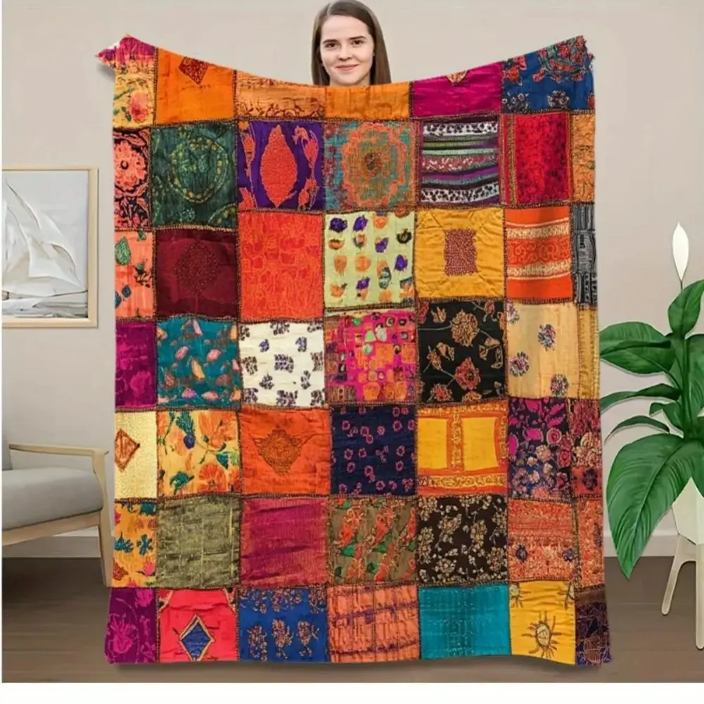 Bohemian Patchwork Print Soft Flannel Throw Blanket, Colorful Geometric Textile Pattern, Sofa Accent for Couch Naps, Ideal Gift for Boho Style Enthusiasts (for Bedrooms & Lounges Decor)