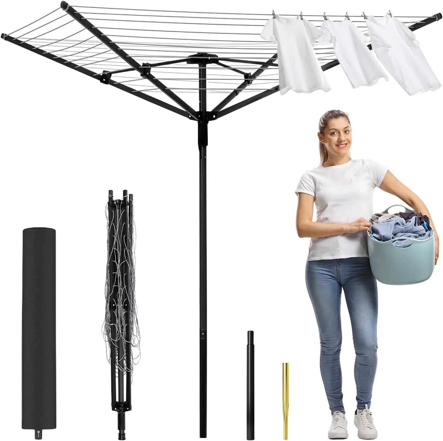 Outdoor Umbrella Drying Rack 4-Aluminum Arms Folding Rotary Dryer with 12 Lines 165 ft Drying Space Adjustable Height Clothesline w/Waterproof Cover & Ground Spike for Garden Backyard Black