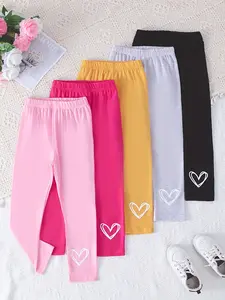 Five-Piece Set Girls' Casual Style Solid Color Heart Print Lightweight Soft Comfortable Knit Fabric Long Pants