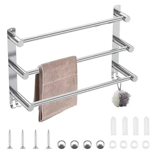 Towel Rack in Stainless Steel Three Tier No Punch Towel Rack with Hooks on Both Sides Adjustable Size Easy to Install Clean Towel Rack Suitable for Bathrooms