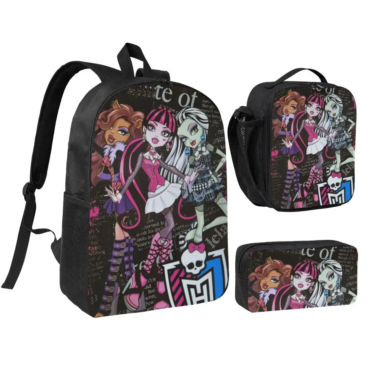 Large capacity Monster high backpack 3-Piece Set Cute Monster high dolls Backpack with Lunch Box Pen Case for Christmas, Halloween, birthday gifts