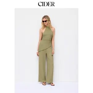Cider Textured Halter Neck Asymmetrical Top & Low Rise Straight Leg Trousers Set