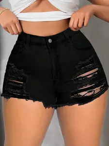 Plus Size Women's High Waist Ripped Stretch Denim Shorts, Casual Fashion Shorts for Daily Outdoor Wear, Women's Clothing for Summer